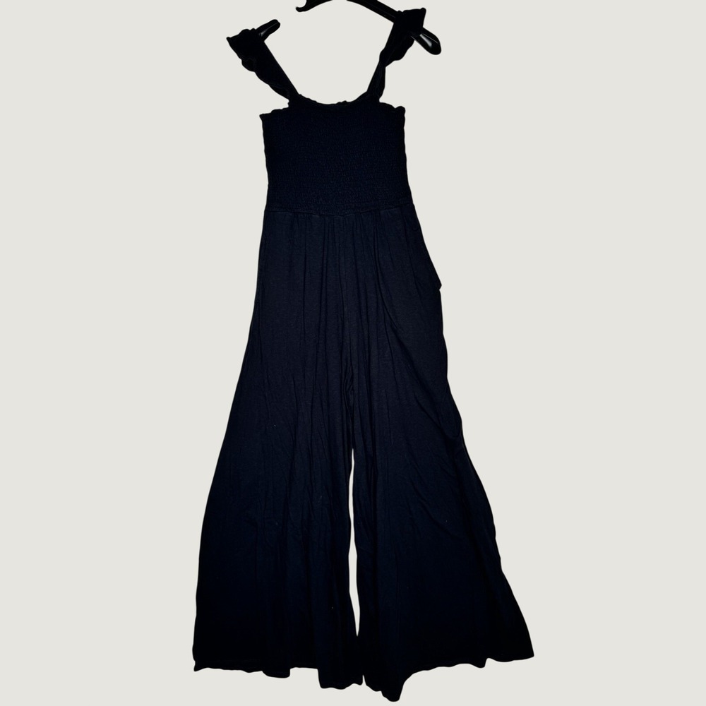 Size S Aerie Black Smocked Wide Leg Halter Jumpsuit Romper Pockets